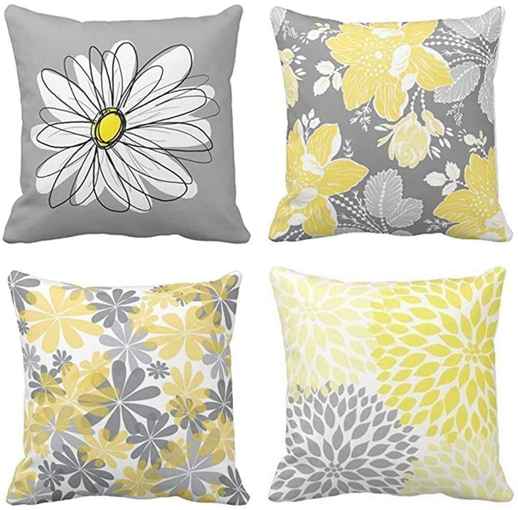 FIBEROMANCE Flowers Throw Pillow Covers Pillow Protectors 18 x 18 Inch Set of 2 Spring Decorative Cushion Cases for Sofa Couch Bedroom Home Decor Cotton Linen Square Pillowcase Blue Yellow 