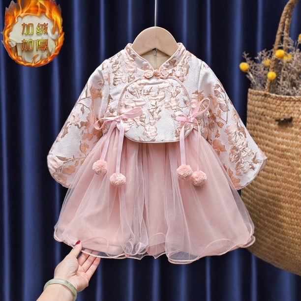 Diseño moderno y lindo, ropa de invierno Hanfu para niñas, vestido cheongsam cálido, forro de lana, ropa linda para niños engrosada