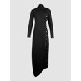 thumbnail image 3 of Women’s Black High Neck Long Sleeve Maxi Dress Matte Stretch Woven Dress with Gold Button Row Side Slit Asymmetric Hem and Subtle Train, 3 of 5