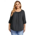 thumbnail image 2 of Women Plus Size Pleated Flowy Top 3/4 Roll Sleeve Casual Loose Blouse Round Neck Tunic Shirt Long Sleeve Black XL, 2 of 9