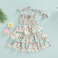 thumbnail image 7 of StylesILove Baby Toddler Girls Floral Print Smocked Tiered Sleeveless Dress & Headband 2pcs Summer Ruffle Sundress Outfit (Green, 3-4 Years), 7 of 7