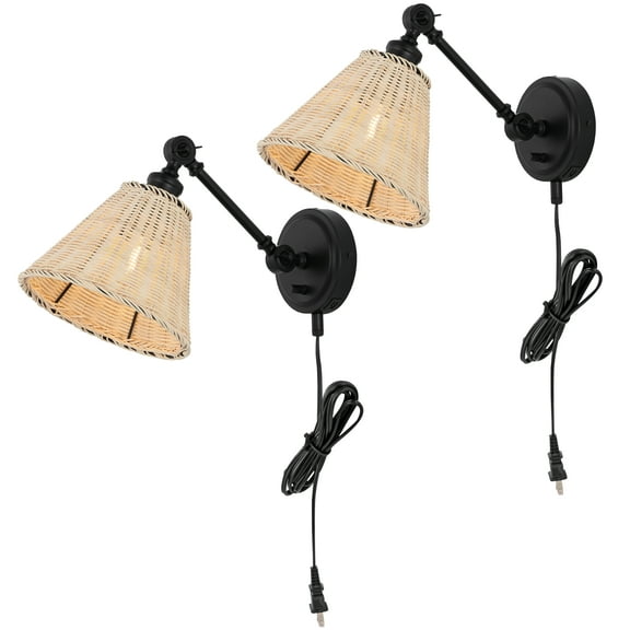 SAFAVIEH Oswynn Tungsten Black Metal Wall Sconce with Light Brown Rattan Shade, Set of 2