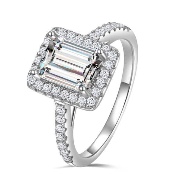 KIJ 2 Carat Emerald Cut Square Halo Moissanite Engagement Ring, 14K White Gold Plated 925 Sterling Silver Hypoallergenic VVS1 Gra Certified Gifts for Women