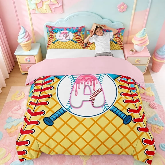 meiyoeat Boys Baseball Ball Games Duvet Cover Set,Watercolor Ice Cream Monogram A Print Bedding Full For Kids,pink Reversible,3 Pieces(No Comforter)