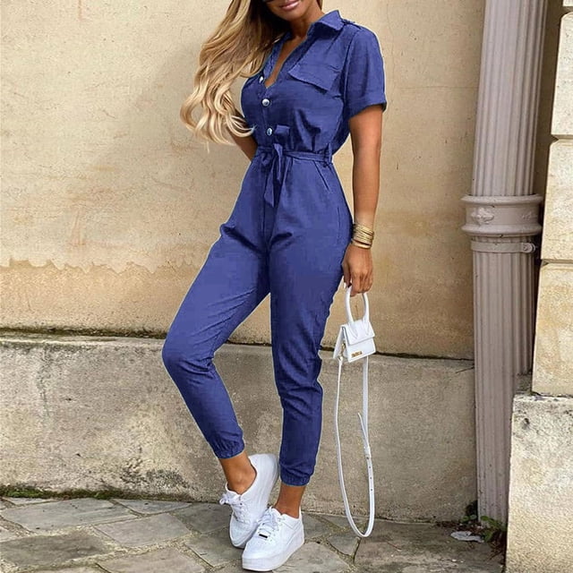 Gyedtr Women's Casual Short Sleeve Button Down Cargo Jumpsuits Romper Comfy Collared Belted Long Work Overalls Spring Summer Clothes S-2XL