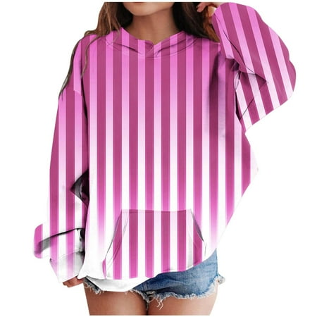 

ATOGUTA Sweatshirts for Kids Girls Lightweight Long Sleeve Pullover Top Little Girls Striped Hooded Shirt Winter Outwear Hot Pink Size 4T-14