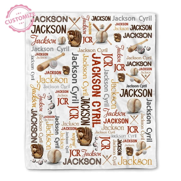Lazaofficial Custom Name Baseball Blanket – Personalized Sports Throw with Bat, Glove, Ball Design, Boys Room Decor, Soft Cozy Gift for Kids & Teens