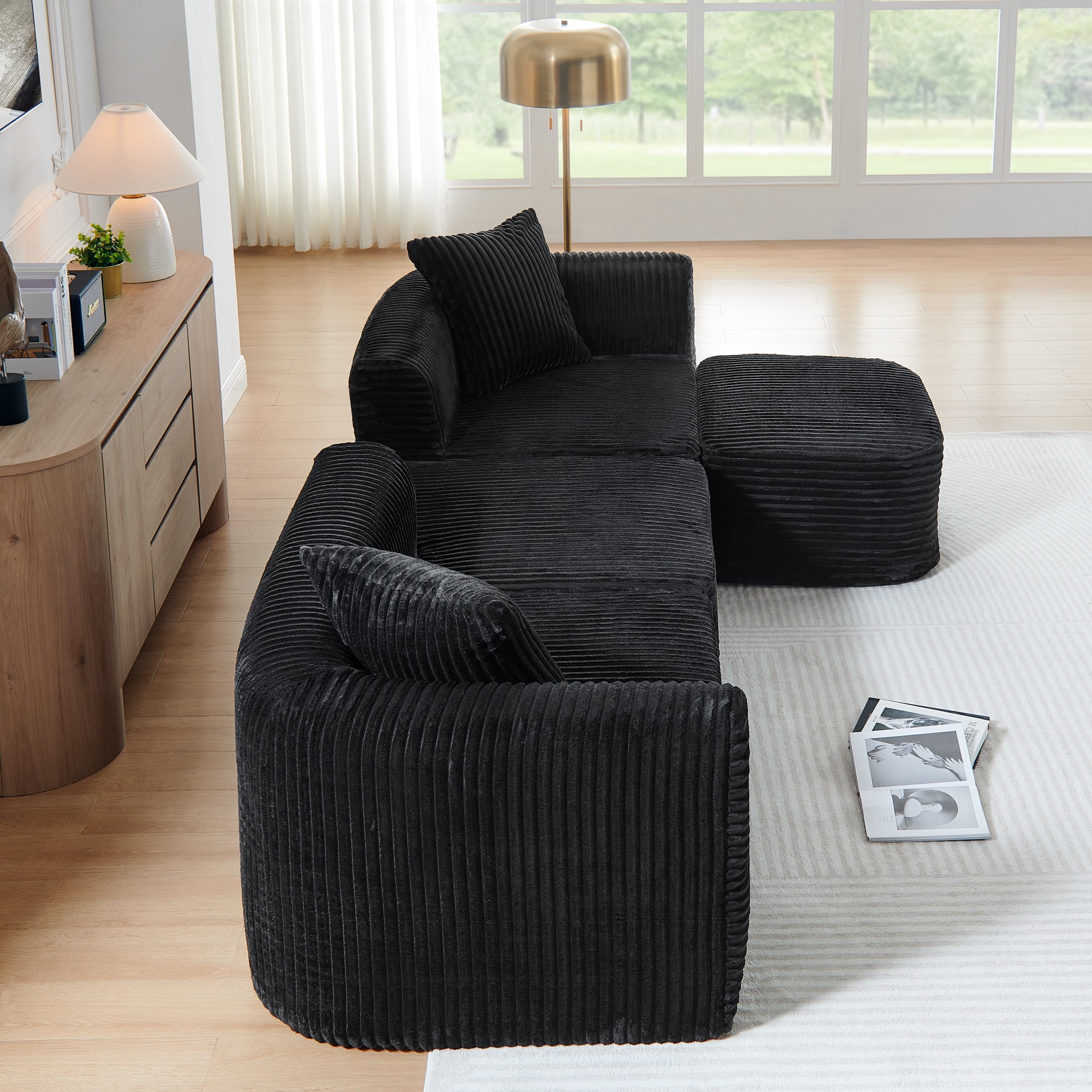 114" Cloud Sectional Sofa with L-Shape Chaise Lounge, Modular Design Includes a Movable Ottoman, Plush Corduroy Fabric, Arrives Fully Assembled for Instant Comfort, Black