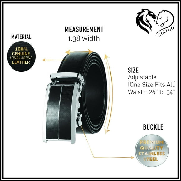Celino Black & Silver Buckle & Black Belt Adjustable Ratchet Slide Buckle 100% Genuine Leather Belt for Men, One Size Fits All, Made in Europe