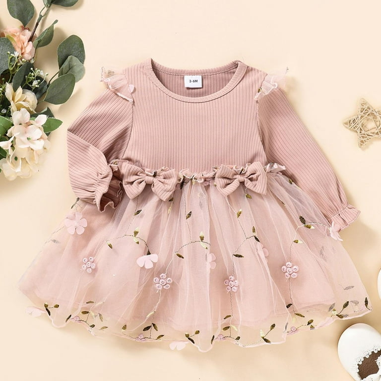 Iveyrtf Children Girls Fashion Bow Embroidered Mesh Lace Sleeve Round Neck Dress Long Sleeve Loose Soft Comfortable Daily Wear Party Outfit(Pink,6-9