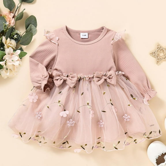 ATORRE Toddler Girls Ribbed Knit Dress Fall Winter Baby Girl Long Sleeve Cotton Cute Bow Floral Tutu Dresses Birthday Party Clothes Pink 6-9 Months