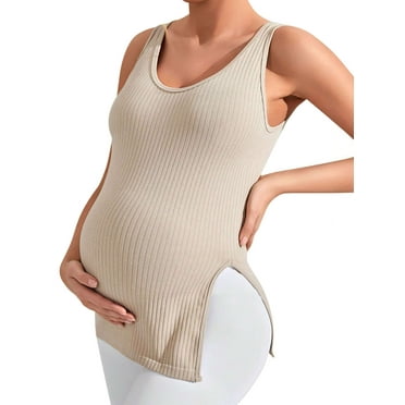 Deago Maternity Tank Tops for Women Ribbed Knit Sleeveless Scoop Neck Split Side Basic Tops Maternity Vest Pregnancy Shirt