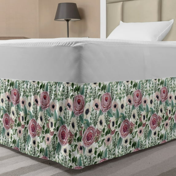 Vintage Rose Bed Skirt, Rhythmic Victorian Look Flowers Rustic Composition, Elastic Bedskirt Dust Ruffle Wrap Around for Bedding Decor, 4 Sizes, Blush Emerald, by Ambesonne