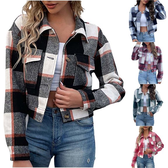 Womens Plaid Shirts Jacket Black Casual Short Vintage Cardigan Tops Plaid Winter Coats S