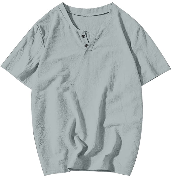 Camisas Hawaianas de los Hombres de la Playa de Manga Corta Cuello Redondo Casual Color Sólido, Top de Lino para las Vacaciones Y la Playa