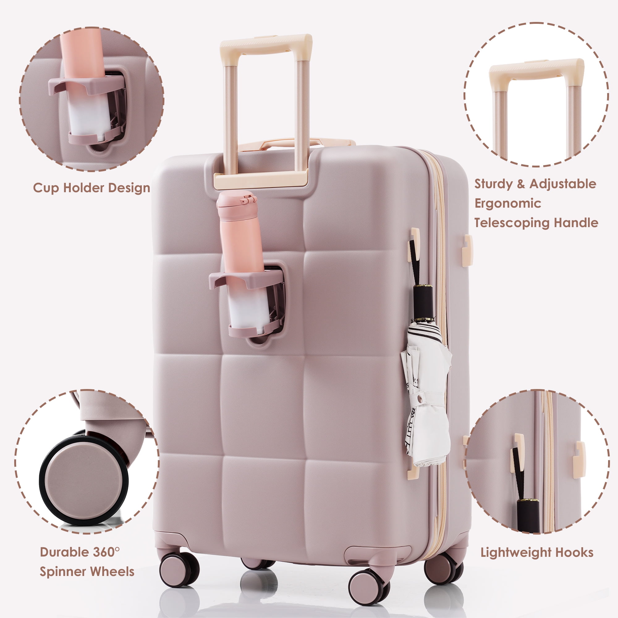 Aukfa Luggage Set, 3 Piece Expandable Hardshell Suitcase with USB Port and Cup Holders, Spinner Wheels, Blush