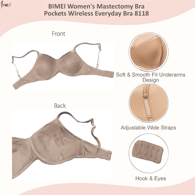 BIMEI Women's Mastectomy Bra Mould Cup Wire Free Pocketed T-Shirt Everyday  Bra for Silicone Breast Prosthesis 8118,Nude,42B