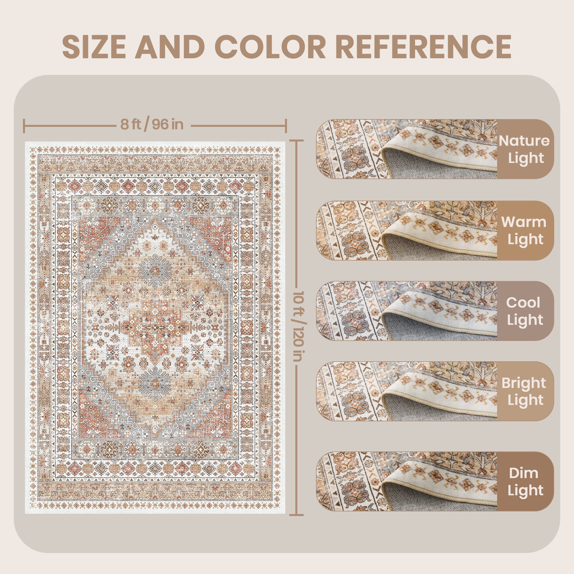 Roxstand Washable Area Rugs 8x10, Stain Resistant Lightweight Vintage Rugs for Living Room, Non Skid Farmhouse Bedroom Rugs(8'x10', Vintage03-Orange)