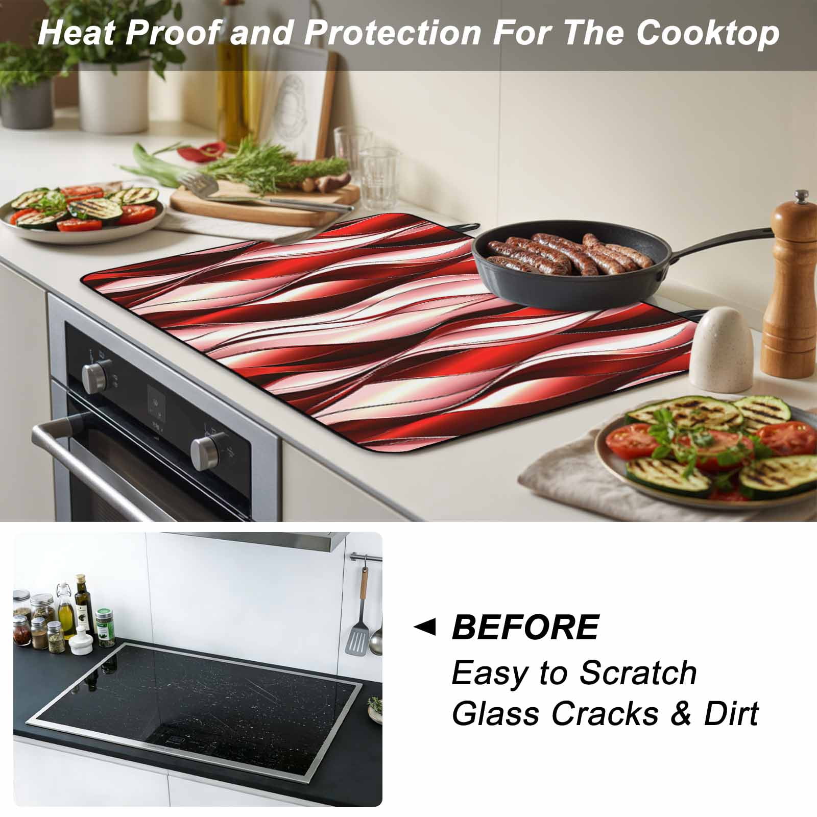 Red Striped Ombre Stove Top Cover for Electric Stove, Heat-proof & Non Slip Glass Top Stove Cover Protector, Modern Red Moire Geometric Kitchen Flat Cooktop Rubber Mat 24x21 Inches