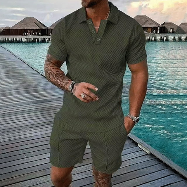 Liquidation d'Été Ensembles de Survêtements pour Hommes 2 Pcs Ensembles Courts d'Été Mode Chemise Décontractée Manches Courtes et Shorts Ensemble Col Rabattu