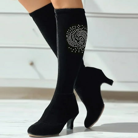 

Cathalem Womens Rain Boots Mid Calf Plaid Ladies Rhinestone Starry Sky Pattern Dancing Knee High Boots for Women Wide Calf Suede F 8.5