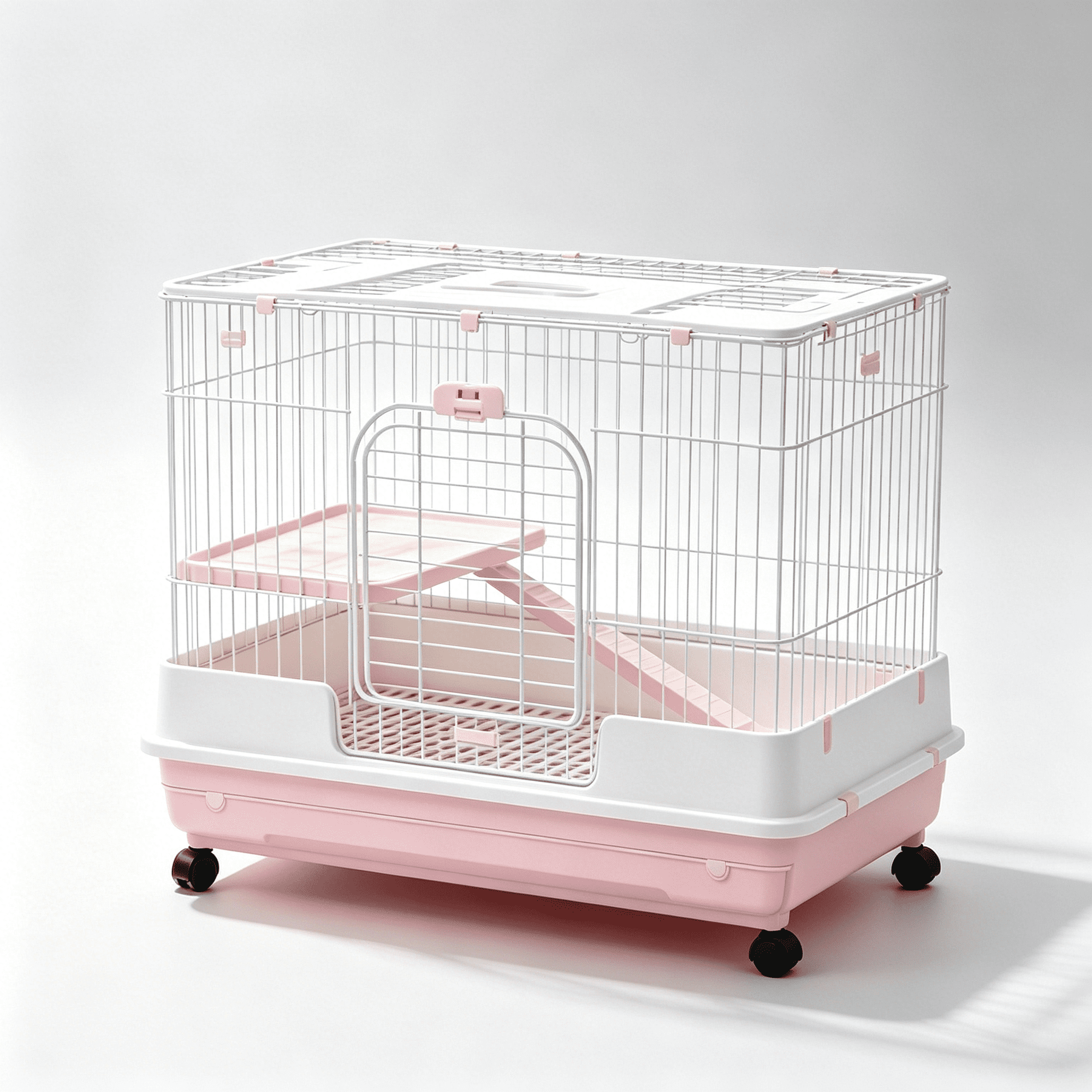 JERFIT Pink Rabbit Hutch with Wheels, Small Animal Cage Indoor Habitat for Guinea Pigs, Chinchillas, Pet Mink, Removable Tray, Easy to Clean & Move