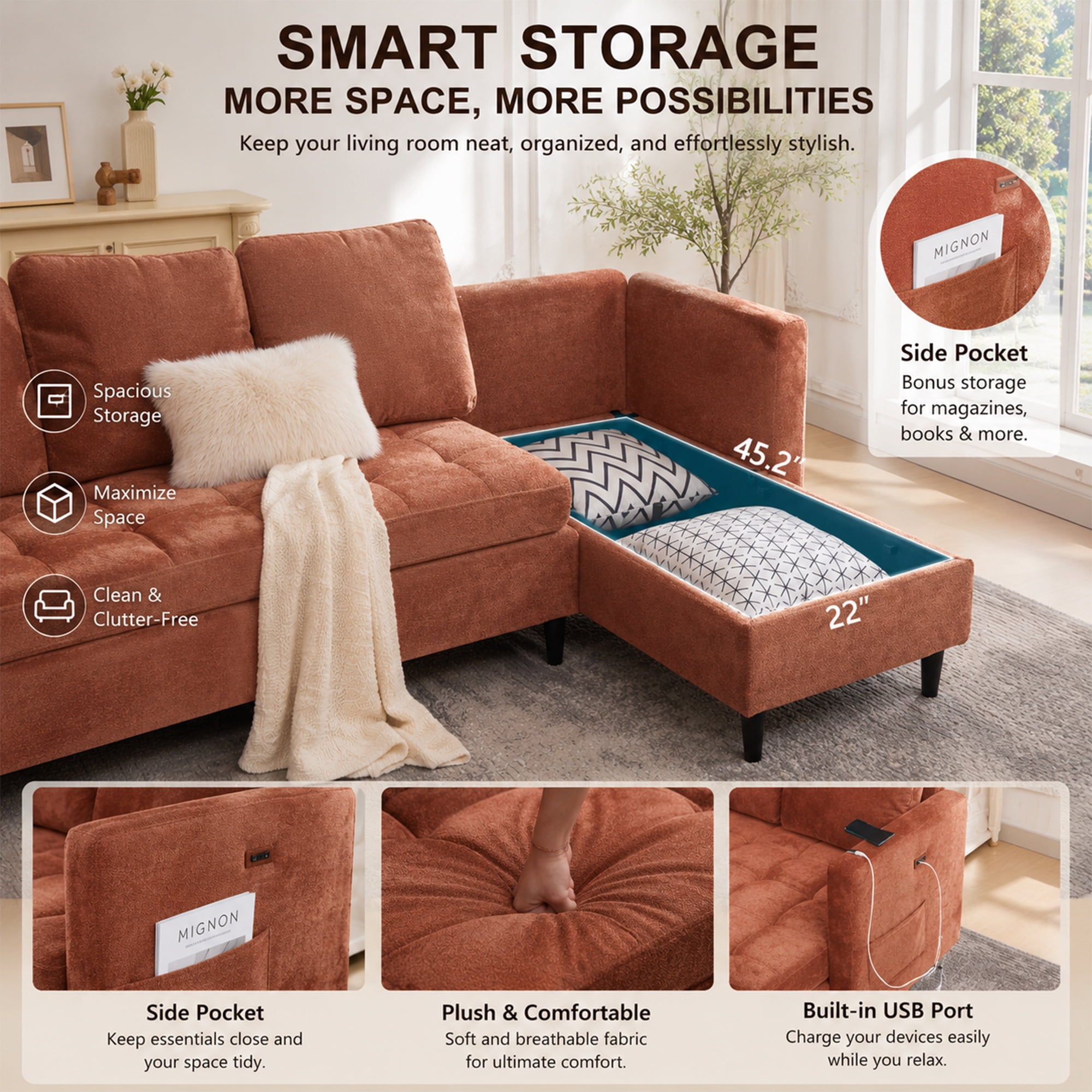77.6" 4-in-1 L-Shaped Sectional Sleeper Sofa, Chenille Modular Couch with Storage Chaise, Usb/Type-C Ports & Side Pocket, Tangerine