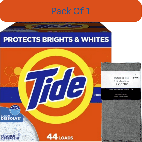 Tide Powder Laundry Detergent, Original Scent, 50 oz, 44 Loads with Microfiber Solid Color Towel by BundleEase