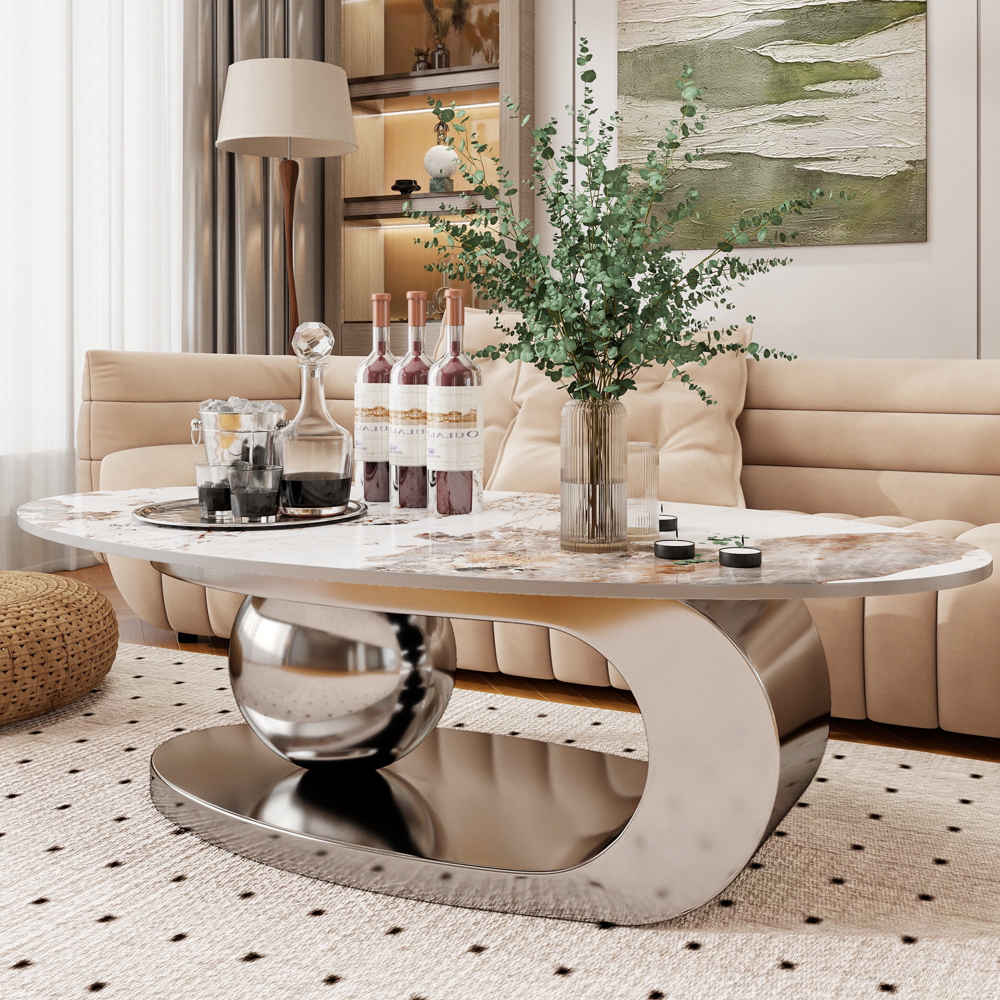 MDQMD Oval Coffee Table with Faux Marble Top Gray Steel Base Modern Minimalist Living Room Table  Storage Shelf Central Ball Support Design  Gray Marble Space-Saving Center Table