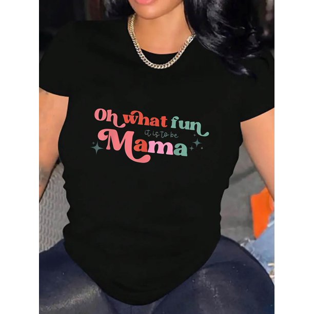 Camiseta de manga corta para mujer transpirable Moda de veranoVacation Ready Women's "Oh What Fun Mama" Graphic Tee - Playful Colorful Letter Print, Casual Short Sleeve T-Shirt, Comfortable Summer T