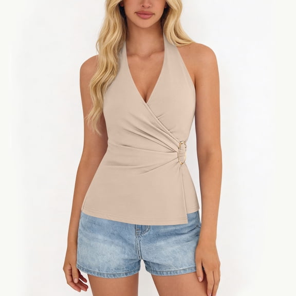 Wowcloth Women's V-neck Halter Top, Sleeveless with Tie Neck, Solid Color Ruffle Detail, Casual and Fashionable for Daily Wear and Party