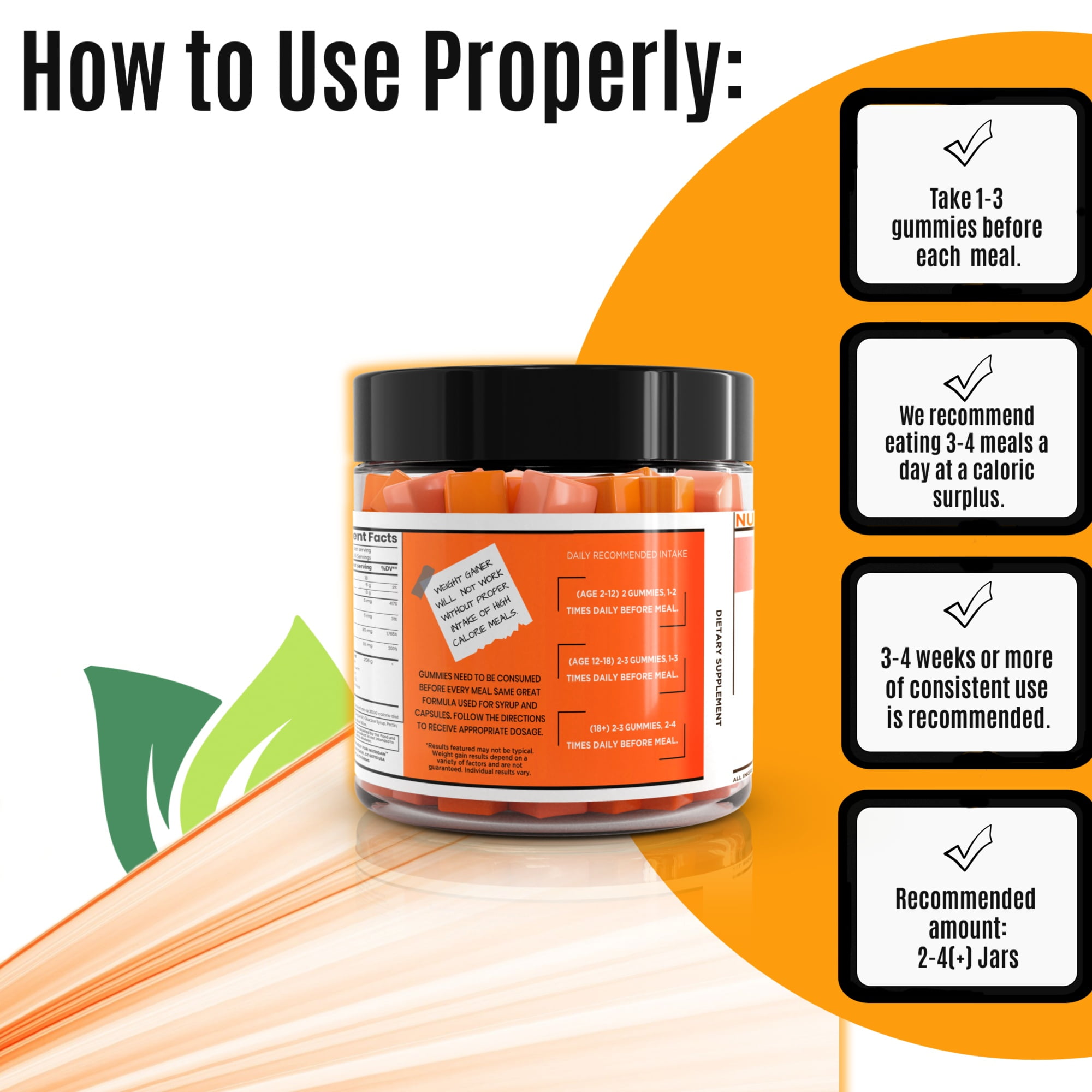Nutrigain Weight Gain Gummies Designed for Quick and Efficient Weight Gain, Supports a Healthy Appetite, Mass and Metabolism for Both Women and Men - 6 OZ Jar