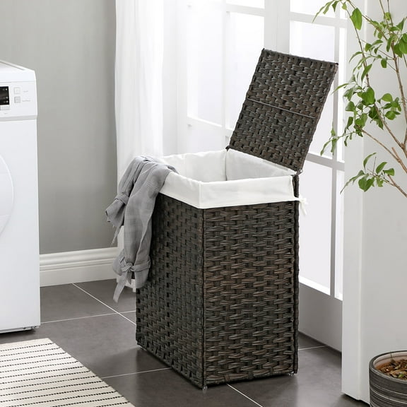 LEDREM Foldable Laundry Hamper with Removable Liner & Lid, 23.8 Gallon (90L) Synthetic Rattan Storage Basket for Clothes, Handles, Space-Saving, Chestnut Brown