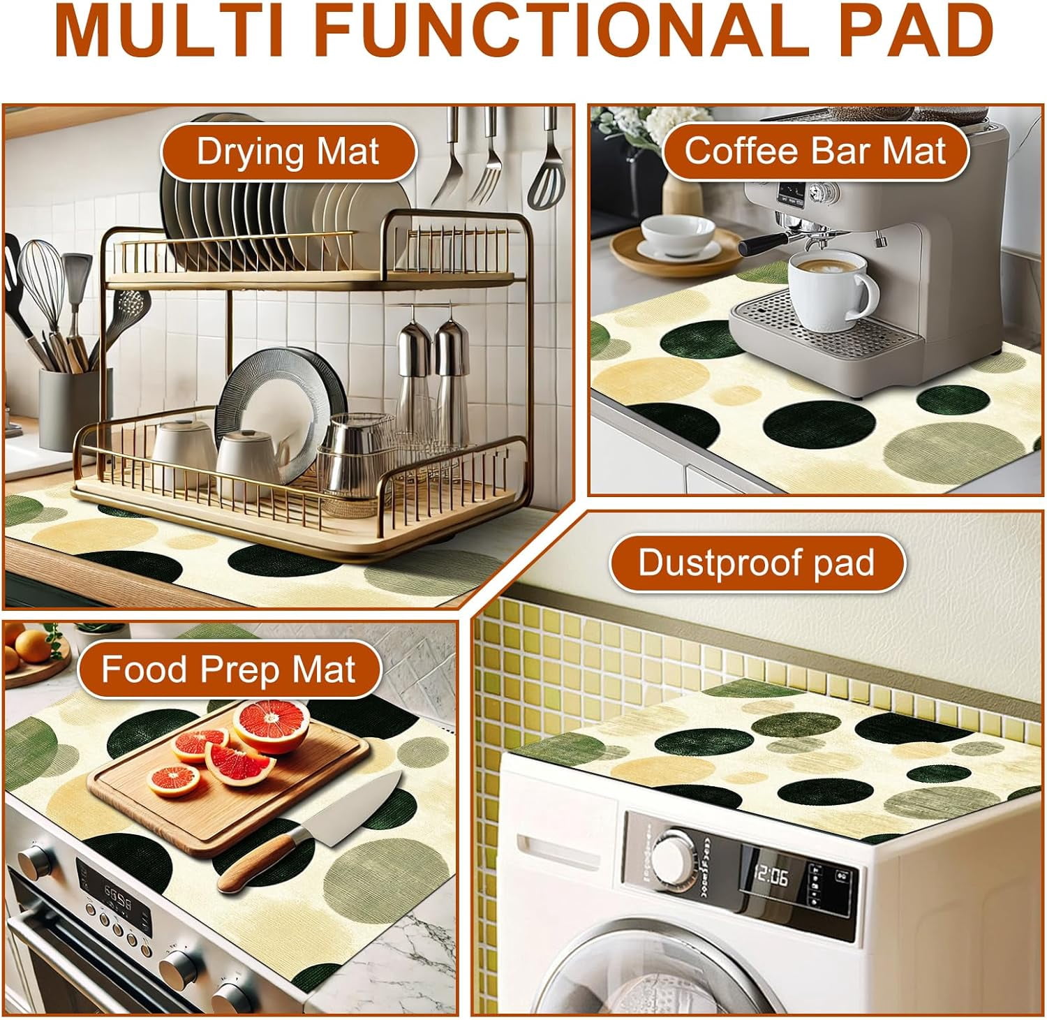 Stove Top Covers for Electric Cooktop 28x20 Inches Heat Resistant Countertop Protector Kitchen Dish Drying Mats Coffee Bar Mats Retro Green Polka Dot Design