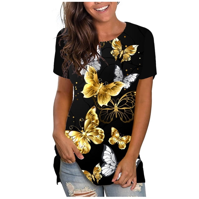 Blusa de manga corta con estampado digital de mariposa y cuello redondo informal para mujer Pompotops hkajfhjk459642