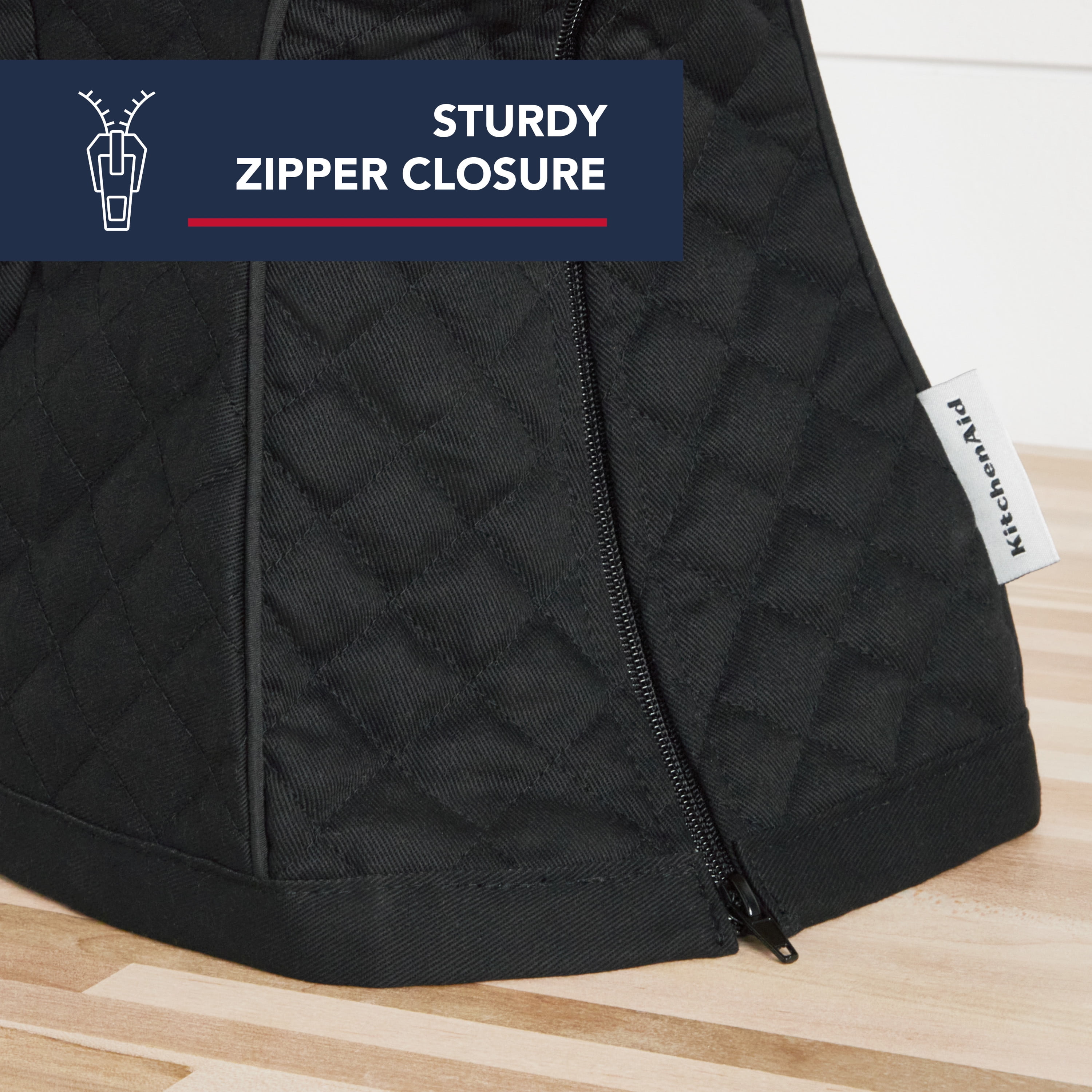 KITCHENAID Fitted Tilt-Head Solid Stand Mixer Cover with Storage Pocket, Quilted 100% Cotton, Matte Black, 14.4"x18"x10"