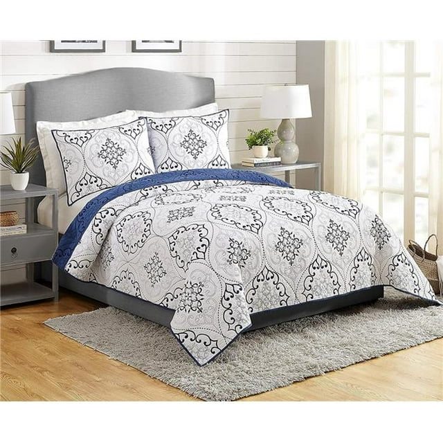 Peking Handicraft A069019NYNFS Chambers King Size Quilt Set, Navy - 3 Piece