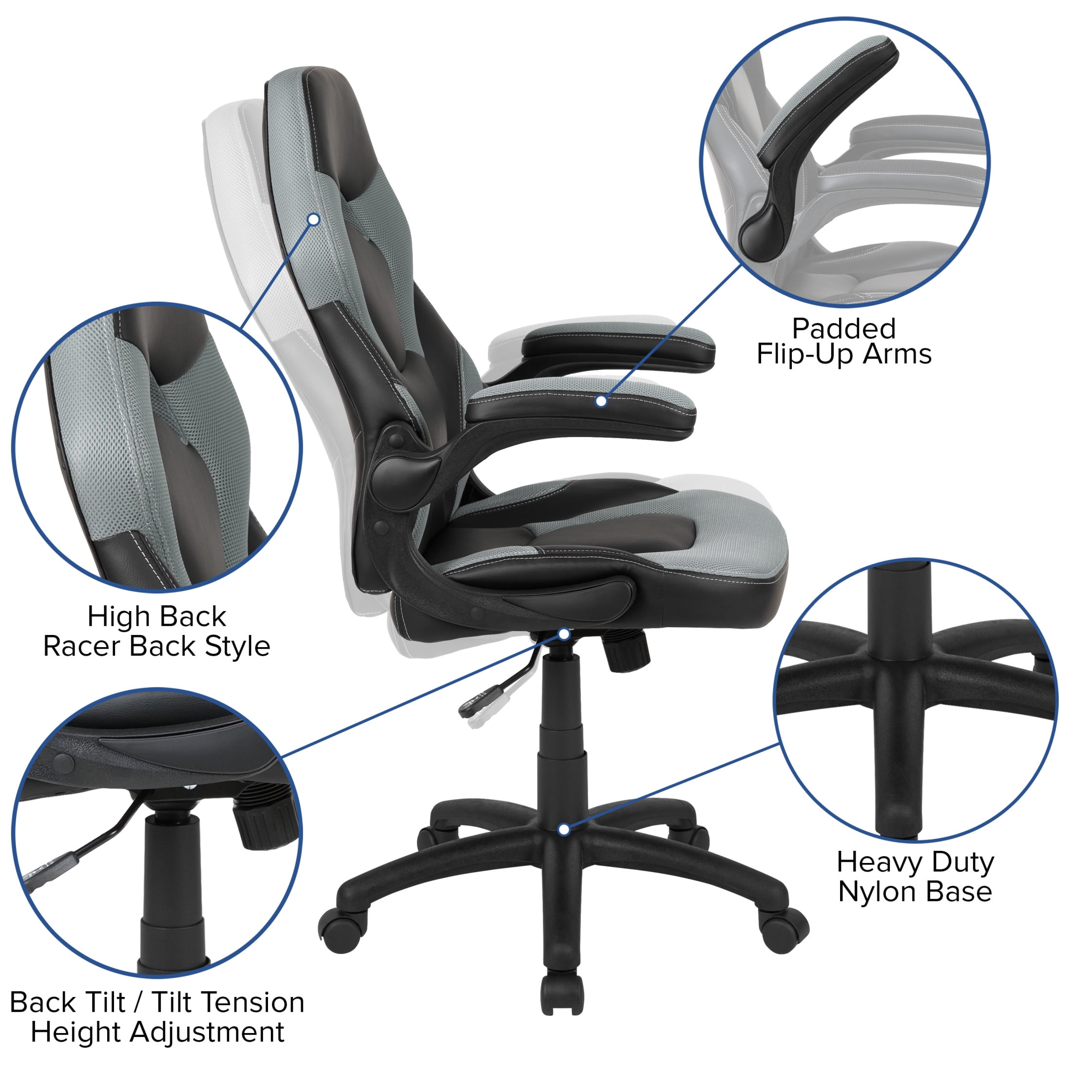Emma + Oliver Gaming Racing PC Chair with Flip-up Arms, Gray/Black LeatherSoft