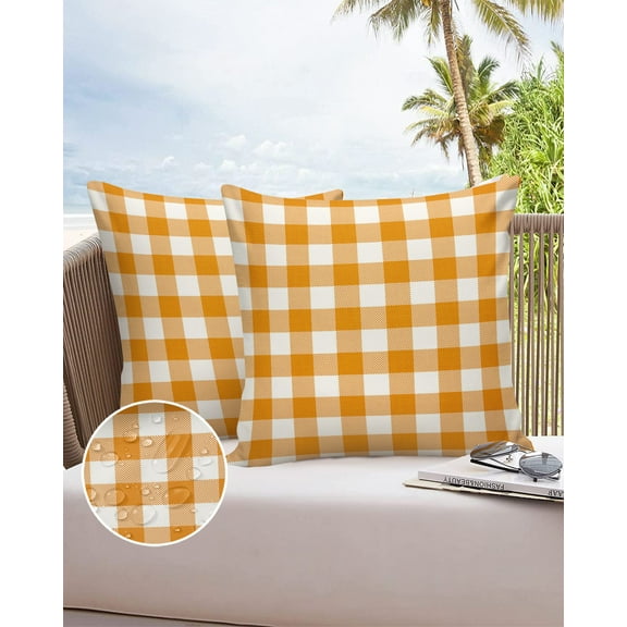 Rural Farmhouse Buffalo Plaid Outdoor Pillow Covers Waterproof Throw Pillow Cover 18x18in Set of 2,Square Decorative Pillowcases Cushion Case for Patio Sofa Couch,Orange White Lattice