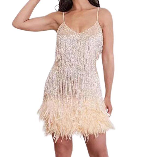 Robe à Paillettes à Franges et Plumes pour Femmes, Col en V Profond, Paillettes, Franges, Robe de Danse de Fête, Haute Qualité