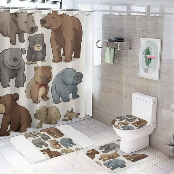Cartoon Bear 4Pcs Shower Curtain Set Shower Curtain Set with Carpet Bath Mat