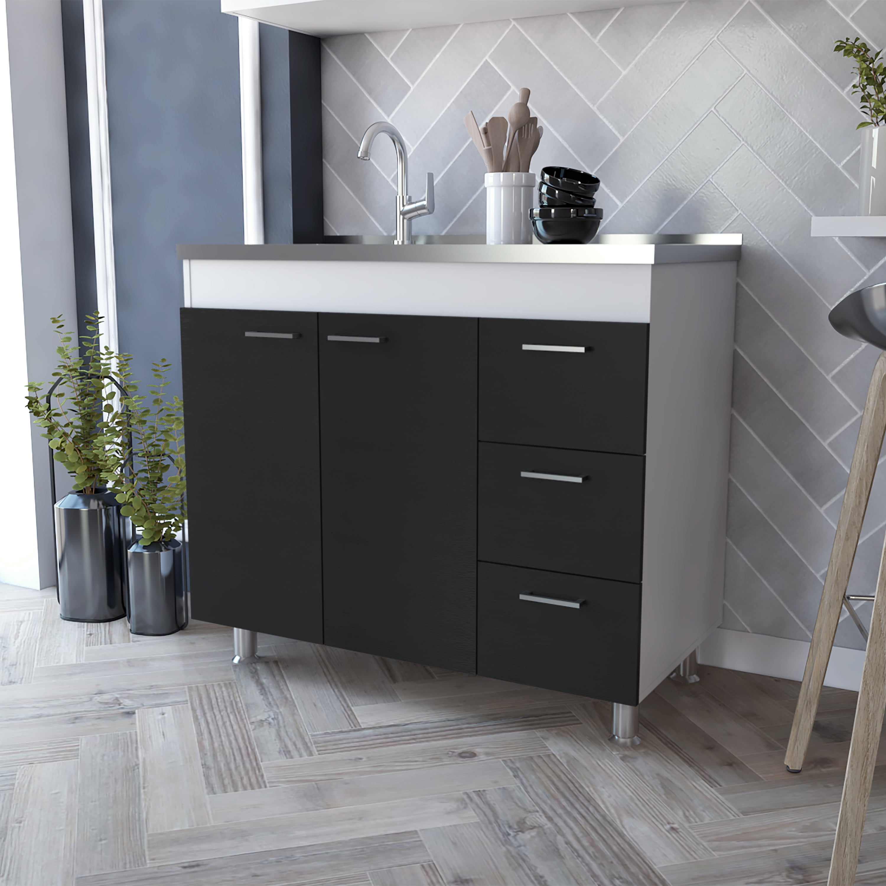 Rainlex 39" Freestanding Utility Sink Cabinet with Stainless Steel Countertop, Double Utility Basins, Soft-Close Storage Doors