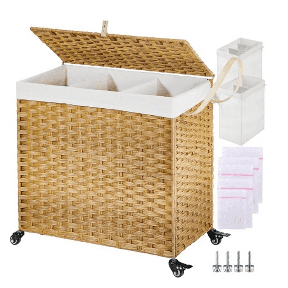 Laundry Hamper with Wheels&Lid, 140L Large 3 Sections Clothes Hamper with 2 Types Removable Liner Bags, 5 Mesh Laundry Bags, Handwoven Divided Laundry Basket for Clothes, Natural