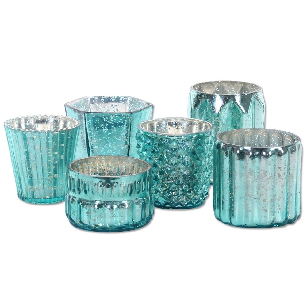 Koyal Wholesale Mint Mixed Mercury Glass Candle Holders, 6−Pack
