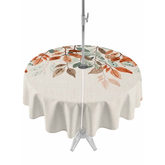 Outdoor Tablecloths with Umbrella Hole & Zipper, Vintage Leaves Round Tablecloth 54 Inch, Summer Botanical Pastoral Watercolor Rustic Waterproof Table Cloth, Patio/Pool/Picnic Table Covers