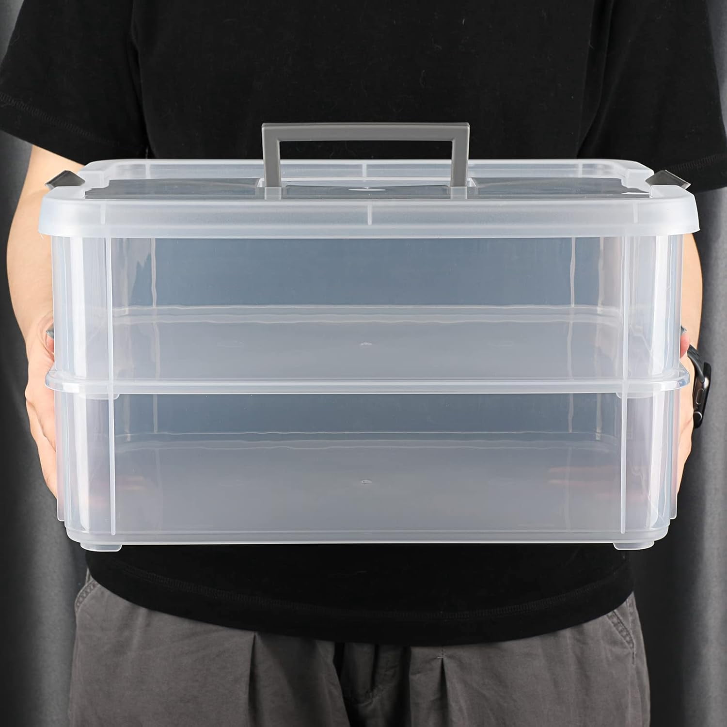 2 Layer Stack & Carry Box, Plastic Multipurpose Portable Storage Container Box Handled Organizer Storage Box for Organizing Stationery, Sewing, Art Craft, Jewelry and Beauty Supplies Dark Grey