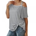 thumbnail image 3 of Ladies Slant Collar Wide Striped Short Sleeve T-Shirt Off-The-Shoulder Top, 3 of 5