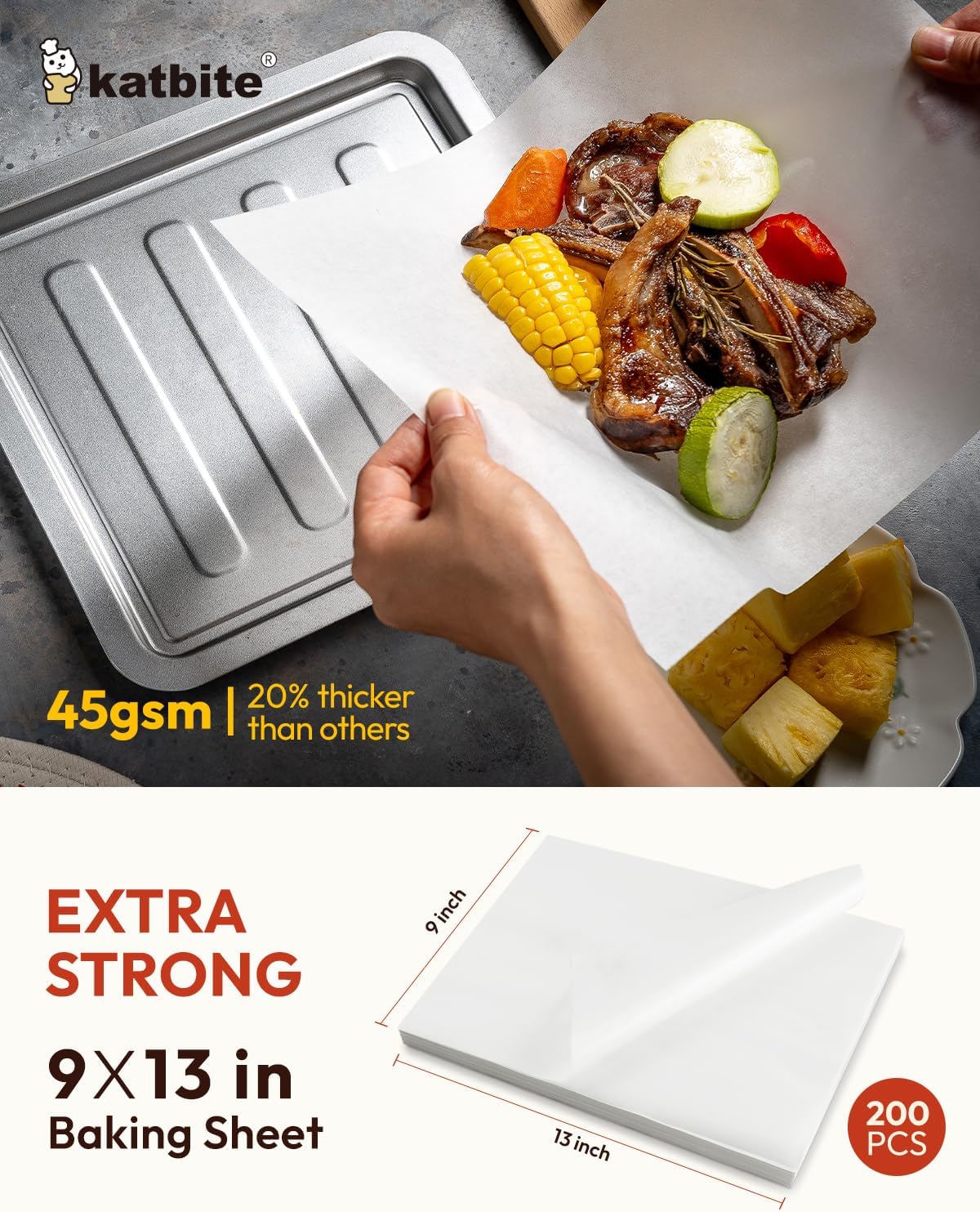 JJEAN-Katbite 200Pcs 9x13 inch Heavy Duty Parchment Paper Sheets, Precut Parchment Paper for Quarter Sheet Pans Liners, Baking Cookies, Bread, Meat, Pizza, Toaster Oven (9"x13")