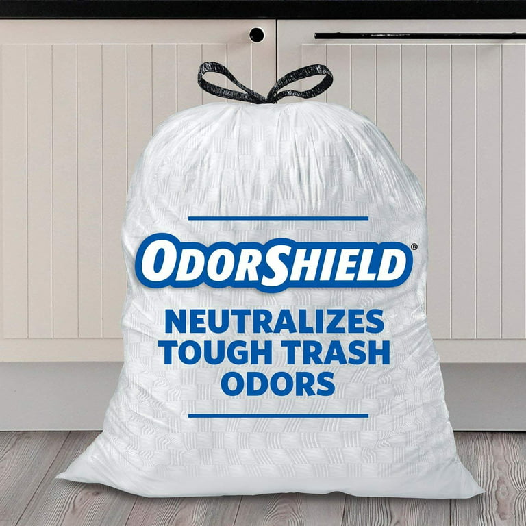 OdorShield Kitchen Drawstring Bags, Gain Original, 13gal, White