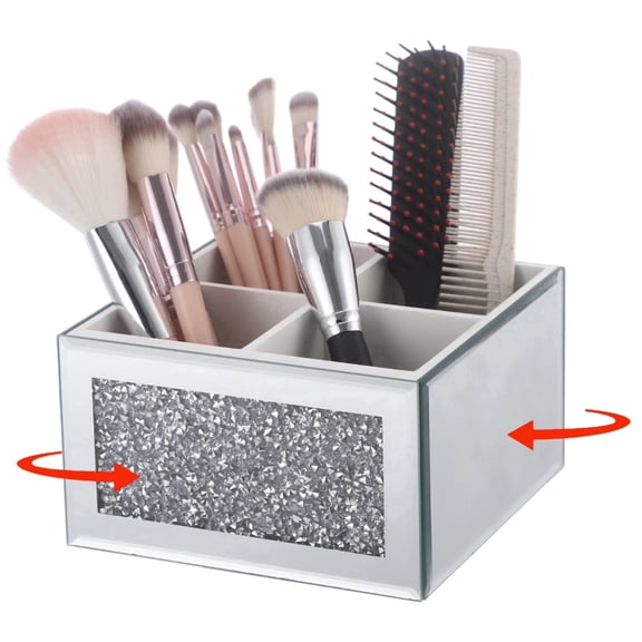 360° Rotating Makeup Brush Holder, Glass Cosmetic Storage Box with Sparkling Diamond Design, 4-Slot Organizer for Brushes, Pens, Remotes, 5.9x5.9x3.4", Vanity Desk Caddy